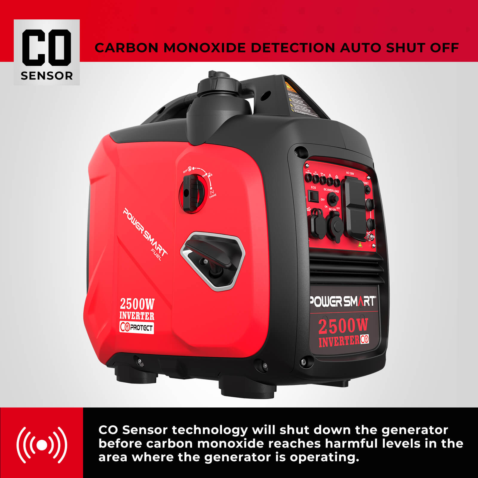 PowerSmart 2500W inverter gas generator with CO alert, compact design, and durable build for home and outdoor use.