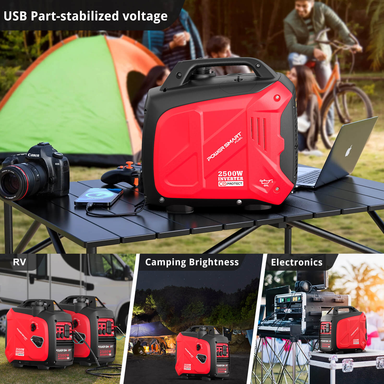PowerSmart 2500W inverter gas generator with CO alert, compact design for home and outdoor use, black and silver finish.