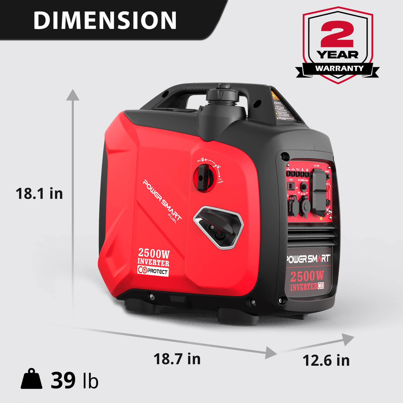 PowerSmart 2500W inverter gas generator with CO alert, compact design for home and garden use, shown in the image.