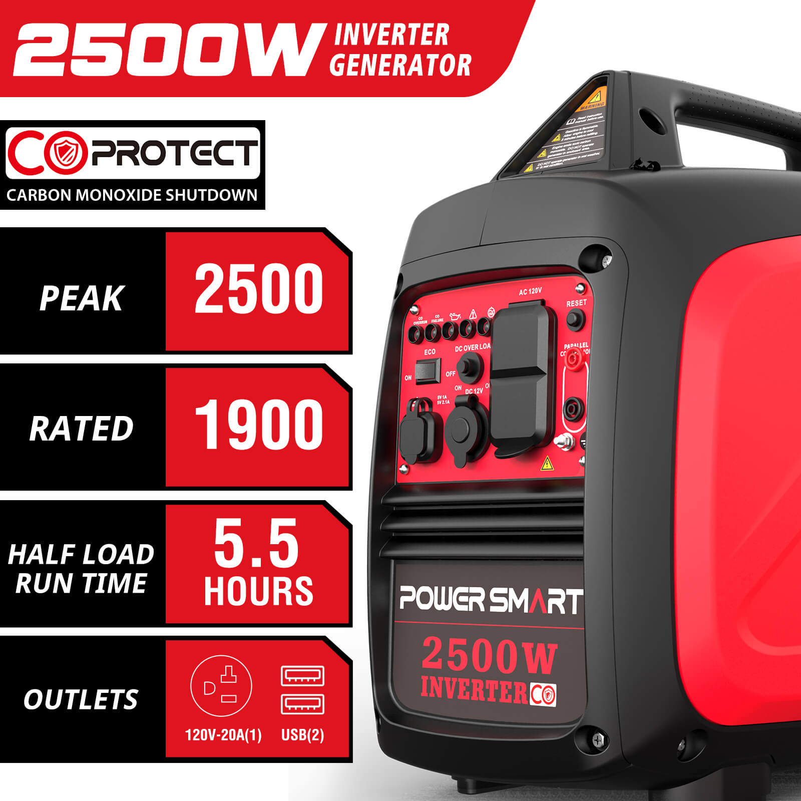 PowerSmart 2500W inverter gas generator with CO alert, suitable for home and garden use, shown with control panel and power outlets.