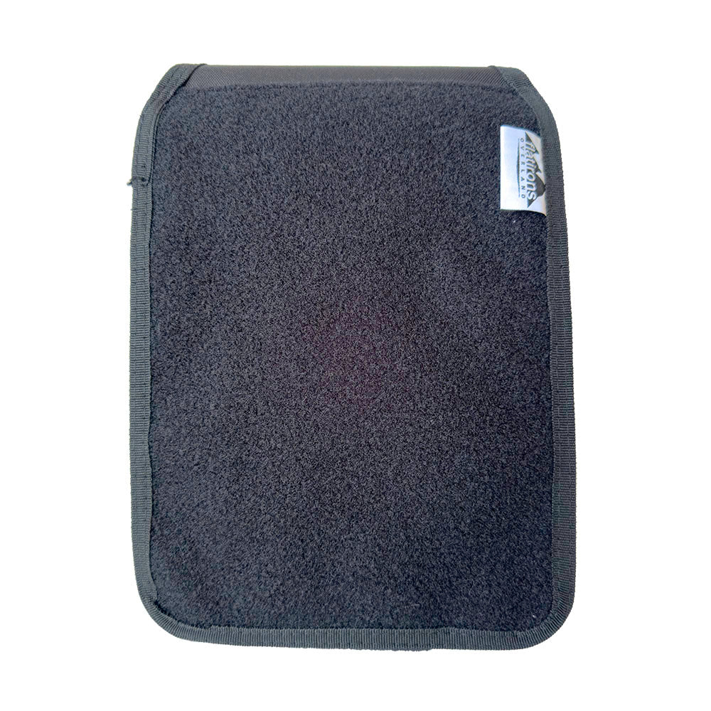 Flatirons Overland RiPouch™ headrest organizer with multiple storage compartments attached to a vehicle headrest.