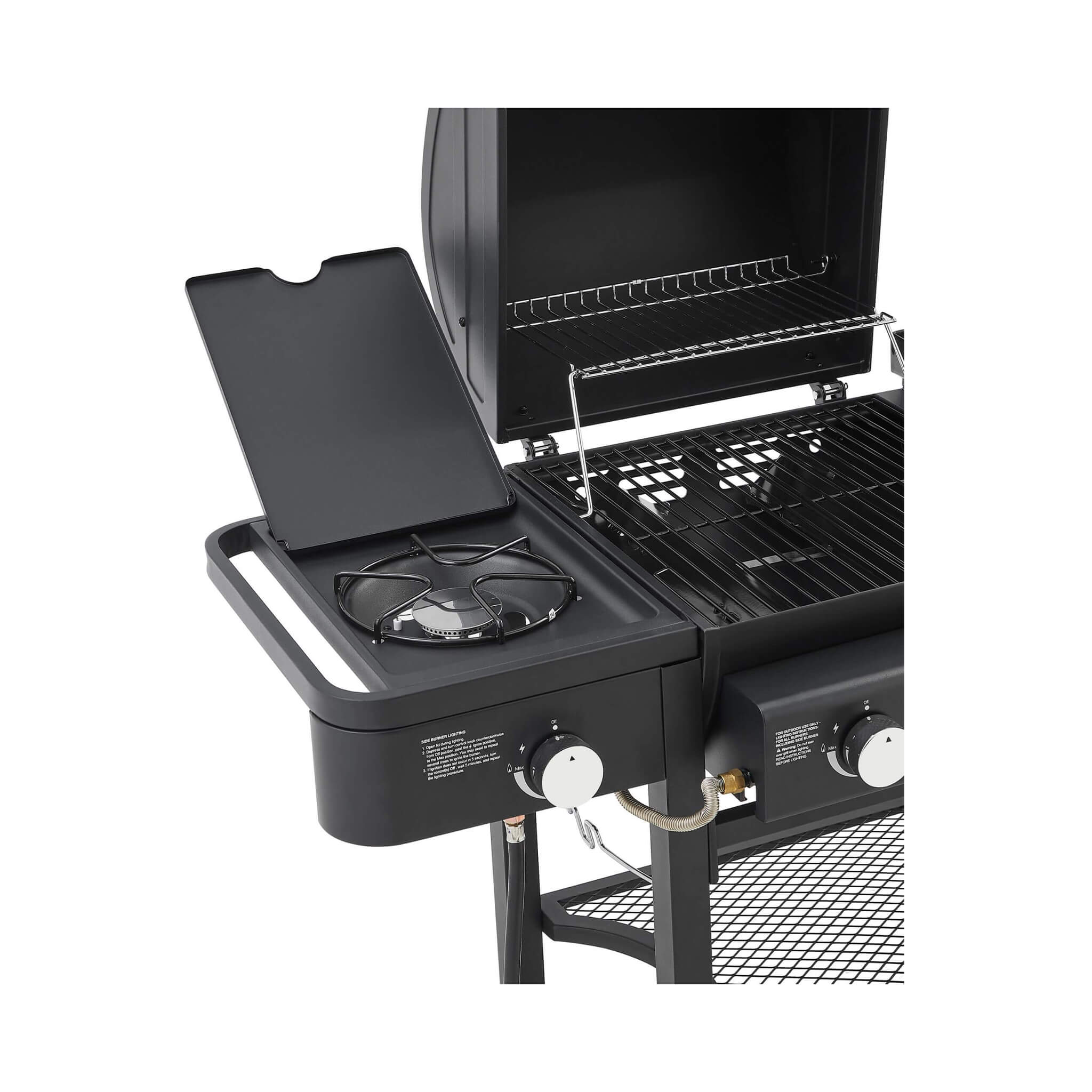 Heavy-duty Castelle Flame outdoor grill with five burners and 56K BTU, showcasing the burner design.