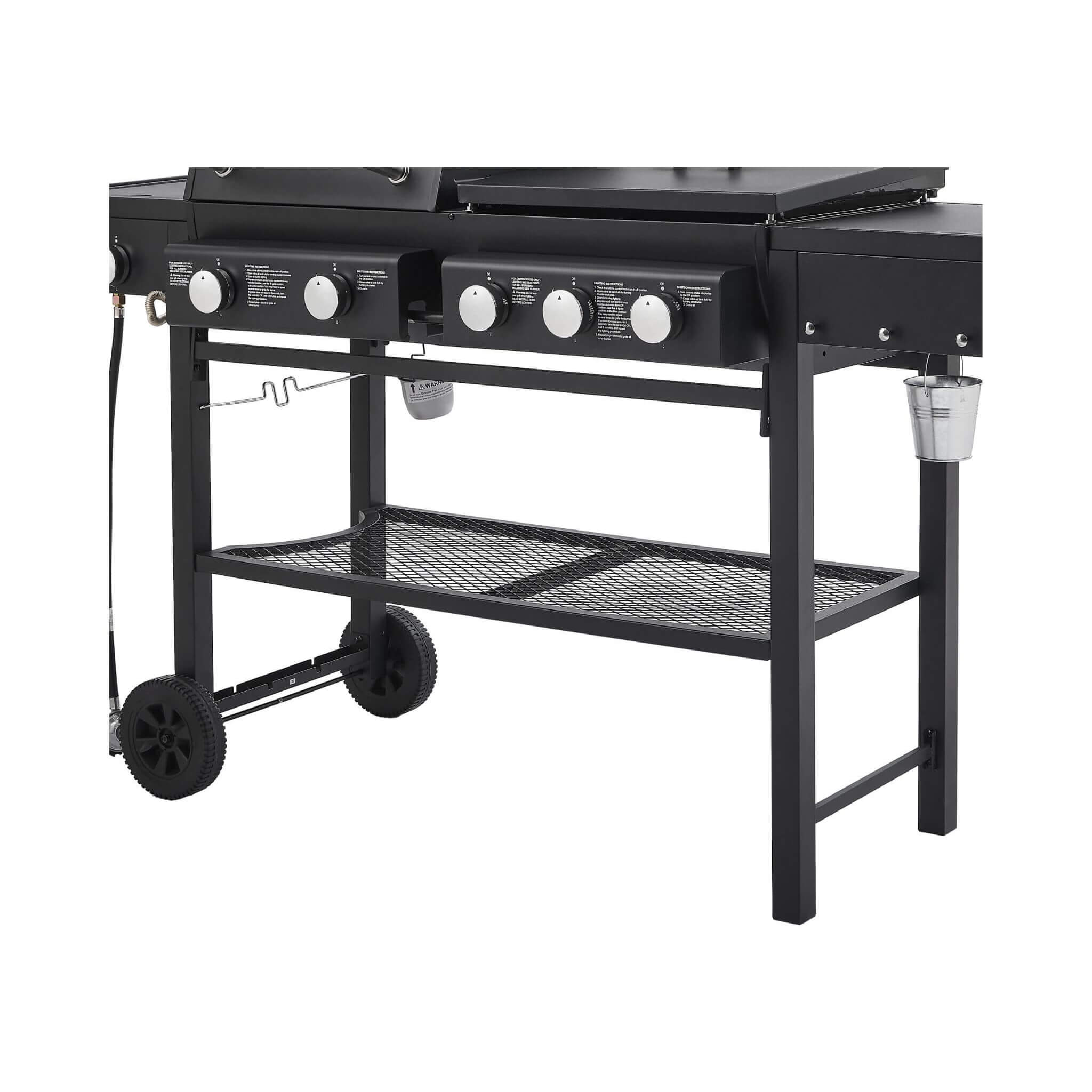 Heavy-duty Castelle Flame outdoor grill with 5 burners and 56K BTU, showcasing the burner layout and durable design.