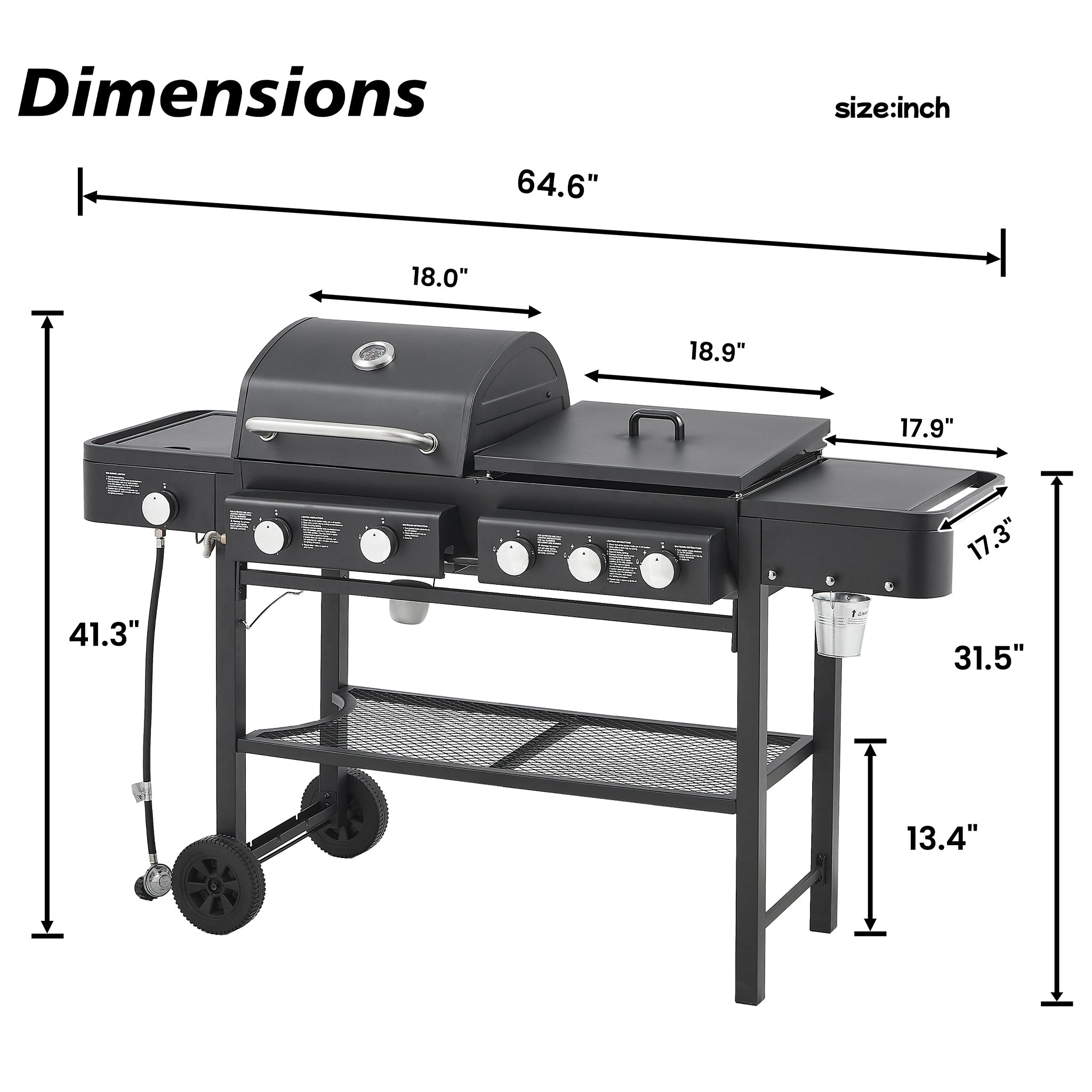 Heavy-duty SAKSBY WHOLESALE outdoor 5-burner LP grill with 56K BTU, showcasing dimensions and features.