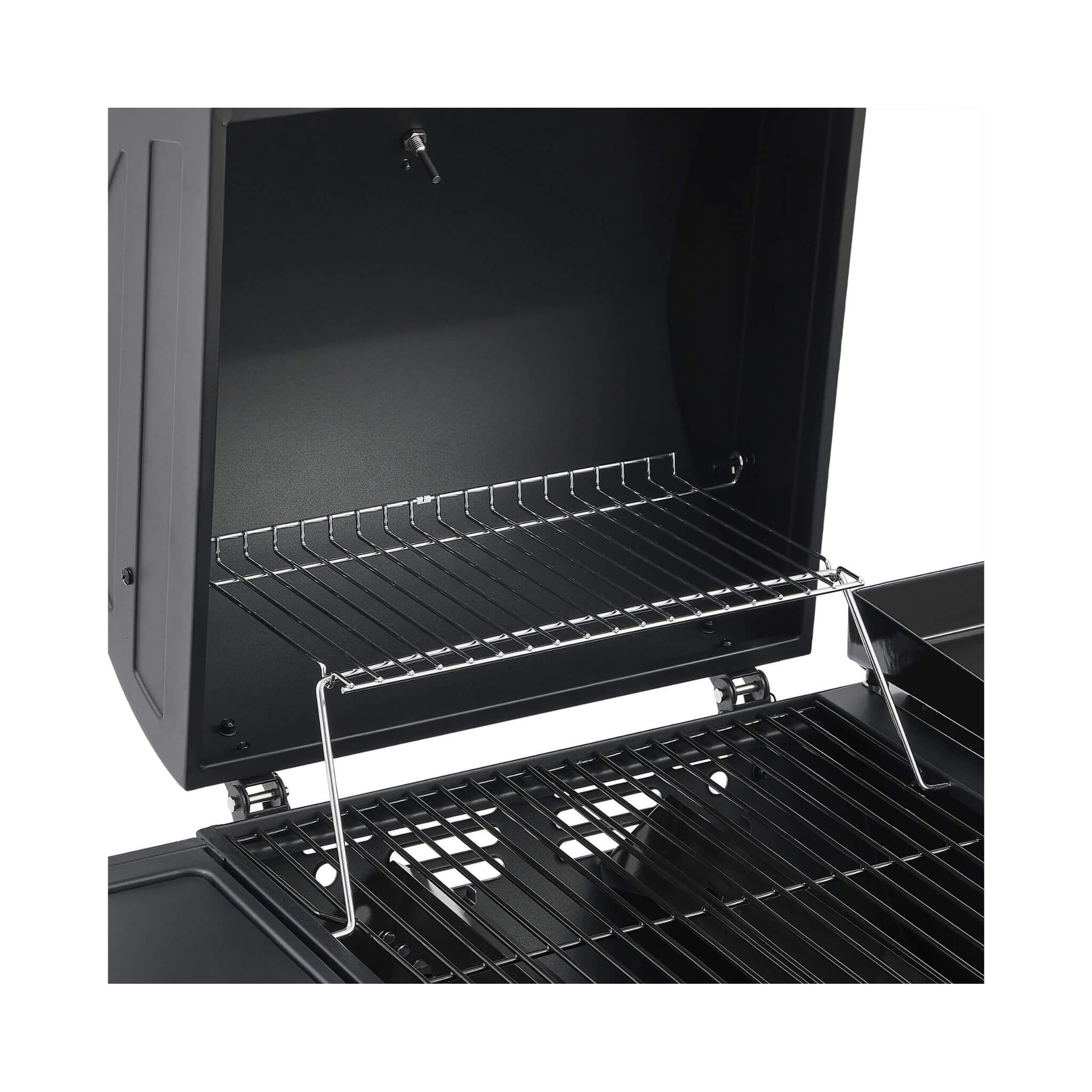 Heavy-duty Castelle Flame outdoor grill with five burners and an elevated tray, showcasing sleek stainless steel design.
