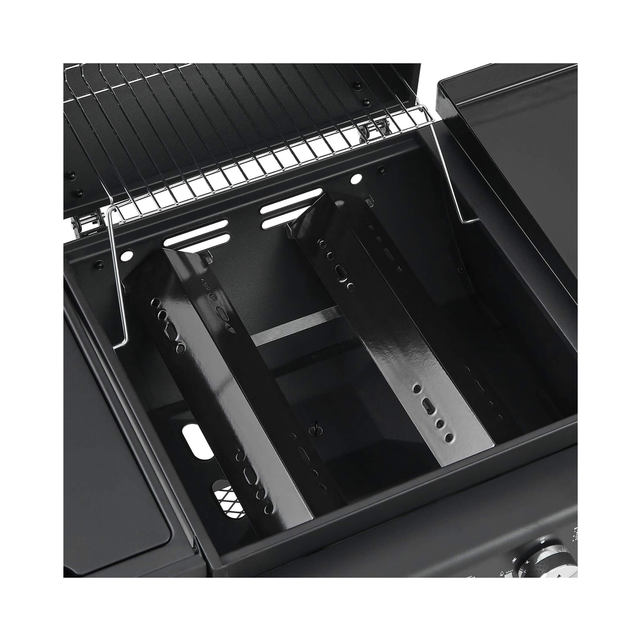 Heavy-duty Castelle Flame outdoor grill with 5 burners and LP gas, showcasing fire and cooking area.