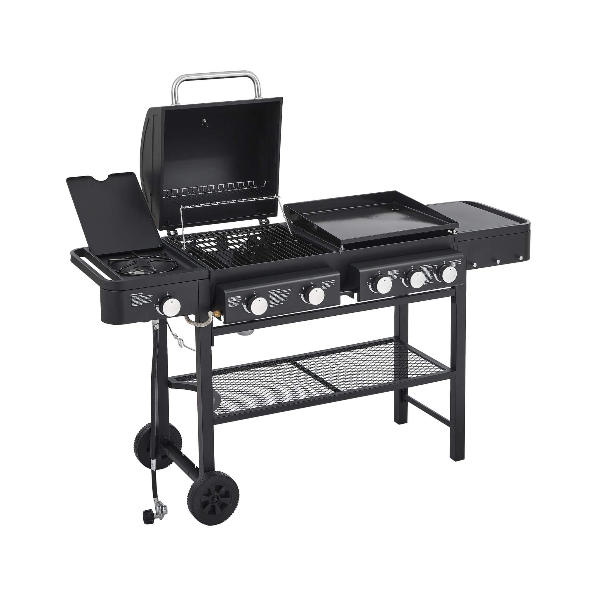 Front side view of the Castelle Flame heavy-duty outdoor 5-burner LP grill with 56K BTU capacity.