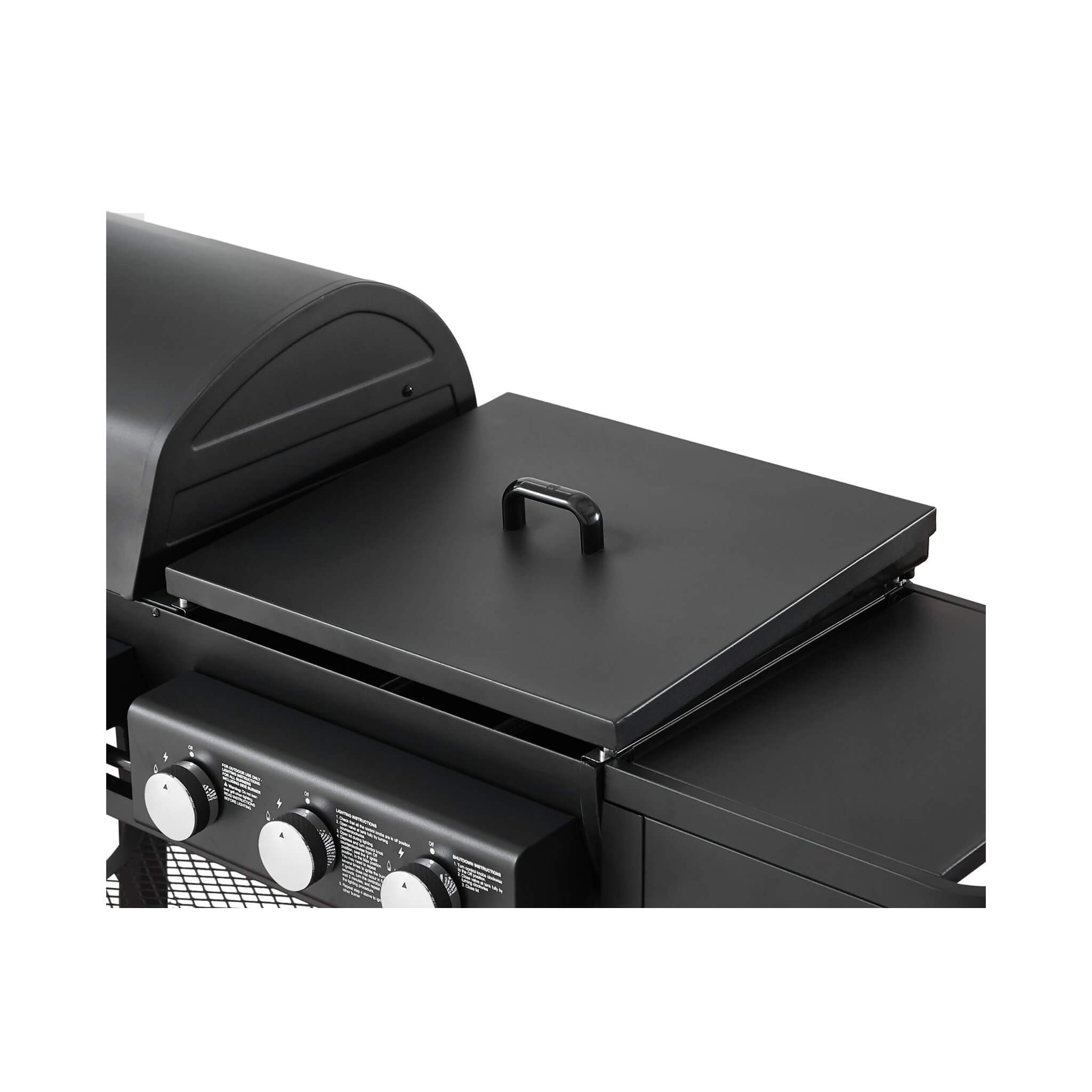 Heavy-duty Castelle Flame outdoor grill with 5 burners and griddle cover, showcasing sleek design and durable construction.