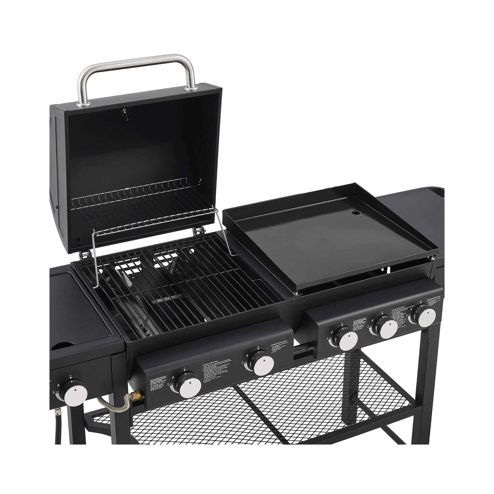 Heavy-duty Castelle Flame outdoor 5-burner LP grill with 56K BTU, showcasing sleek design and ample cooking space.