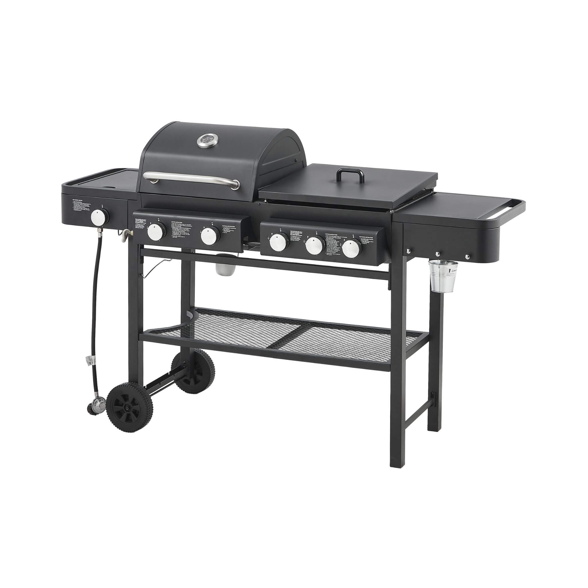 Heavy-duty Castelle Flame outdoor 5-burner LP grill with 56K BTU, designed for versatile outdoor cooking.