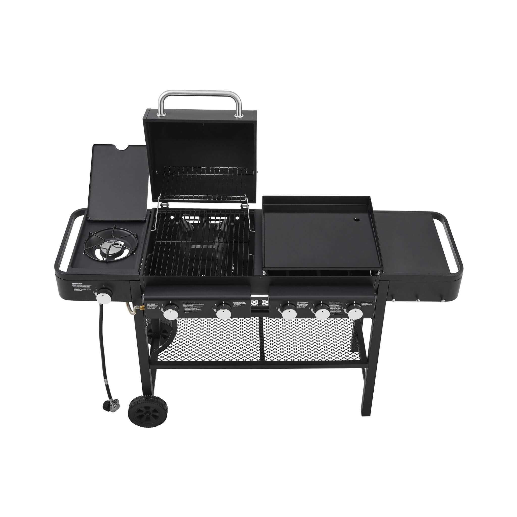 Top view of the Castelle Flame heavy-duty outdoor grill with five burners and 56K BTU LP gas features.