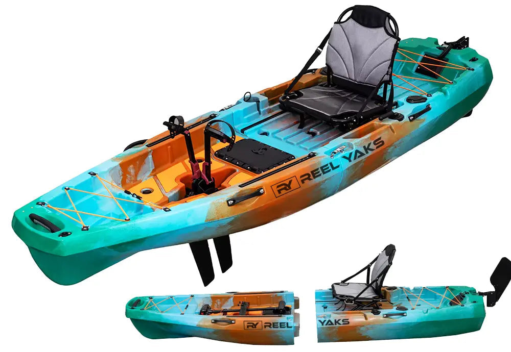 ReelYaks 10ft Radar Modular Fin Drive Pedal Fishing Kayak with 430lbs capacity, two-piece design, shown in hero image.