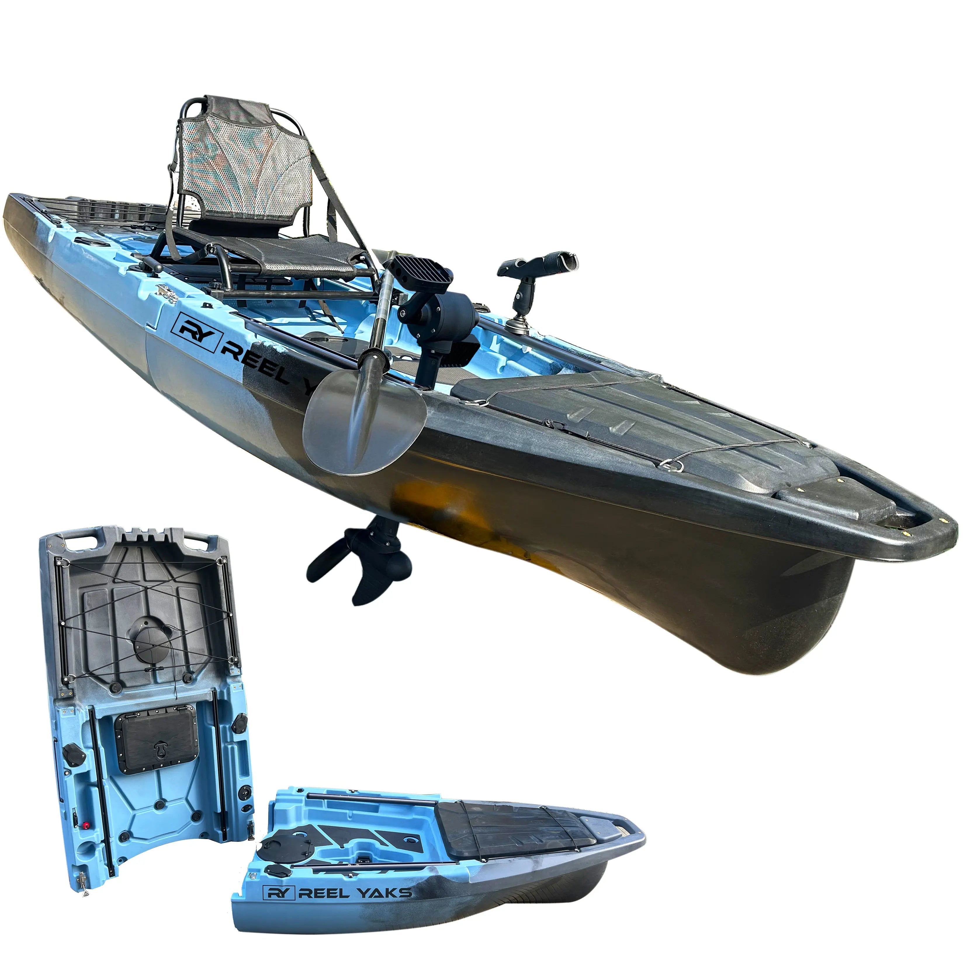 ReelYaks 10ft Recon Modular Prop Drive Pedal Kayak with 430lb capacity, two-piece design, shown in outdoor water setting.