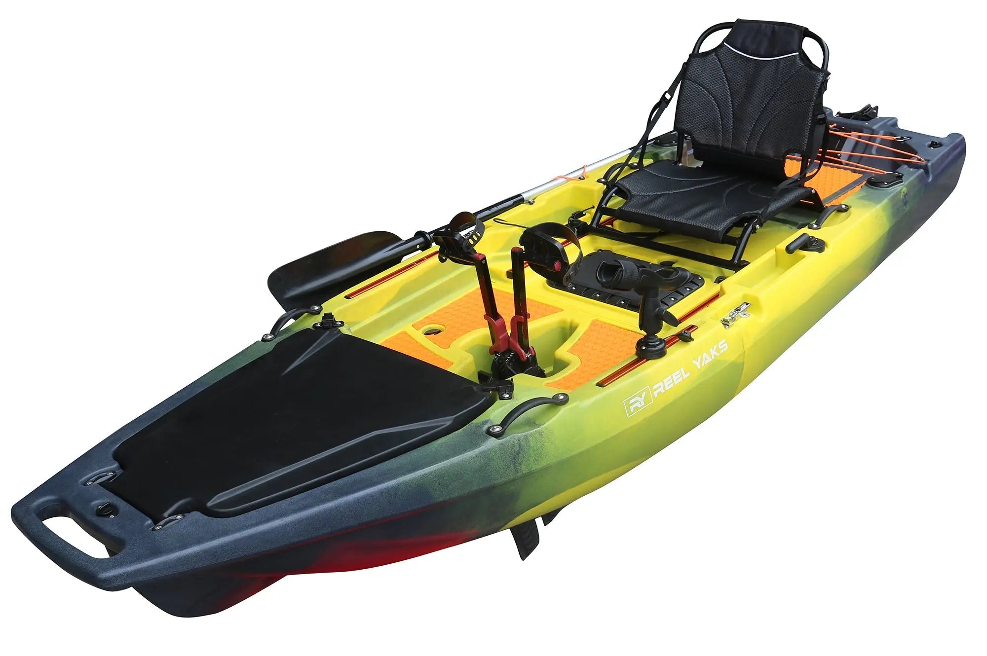 ReelYaks 9.8ft Rocket Fin Drive modular pedal fishing kayak with 2-piece design and 400lbs capacity, shown in outdoor setting.