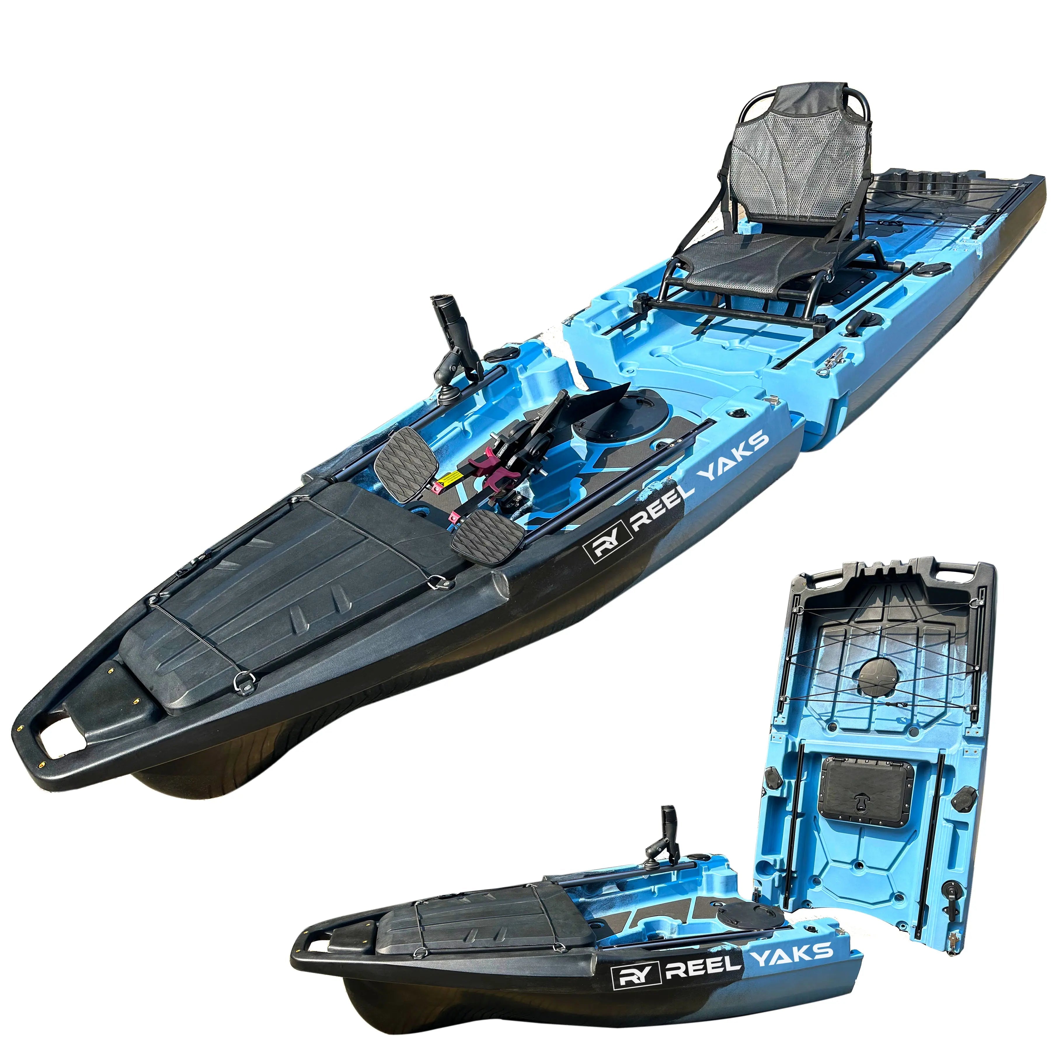 ReelYaks 10ft Recon Modular Fin Drive Pedal Kayak with 430lbs capacity, two-piece design, shown on water with fishing gear.