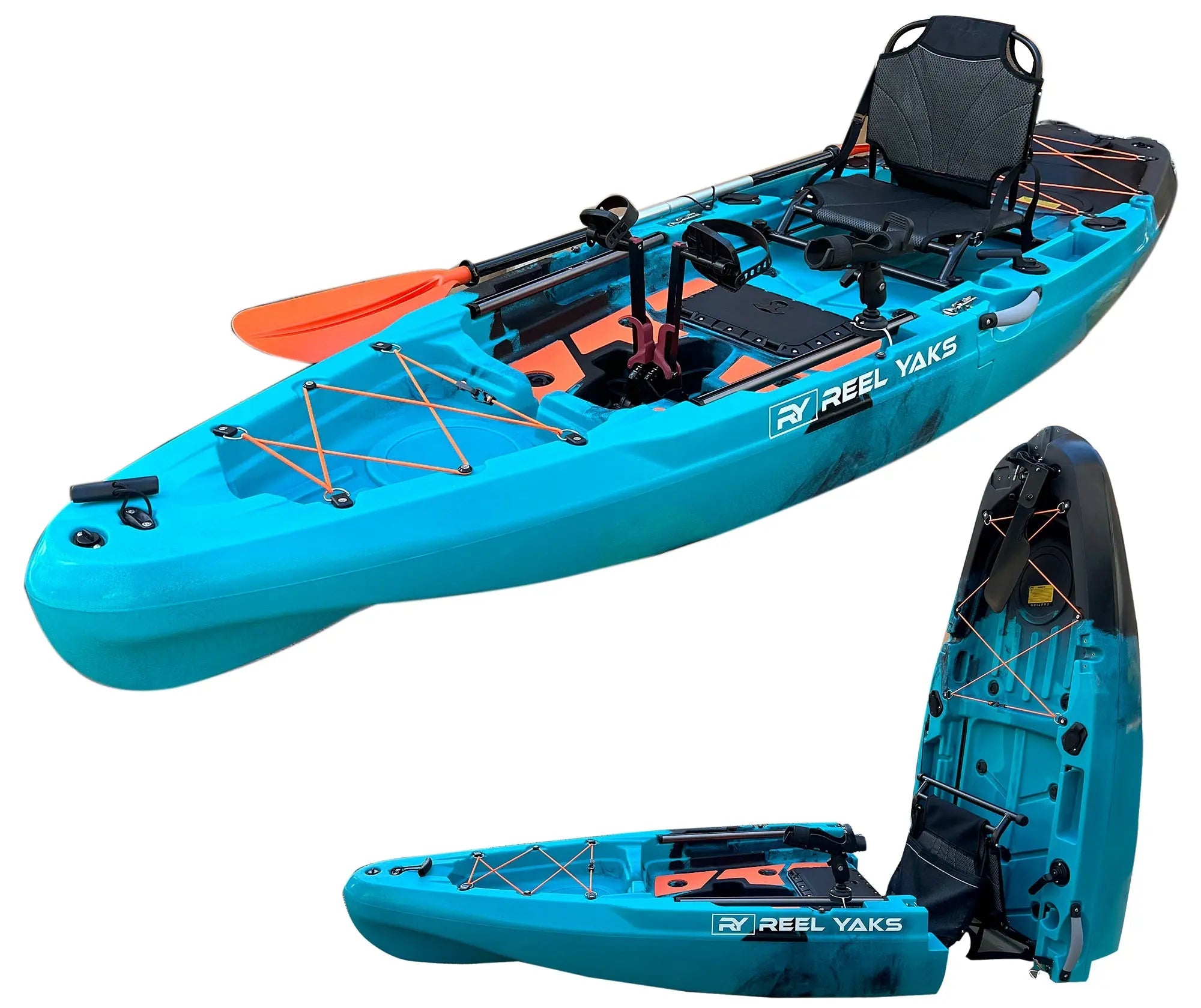 ReelYaks Rapido 10.8ft propeller drive modular fishing kayak with adjustable seating and sleek design.