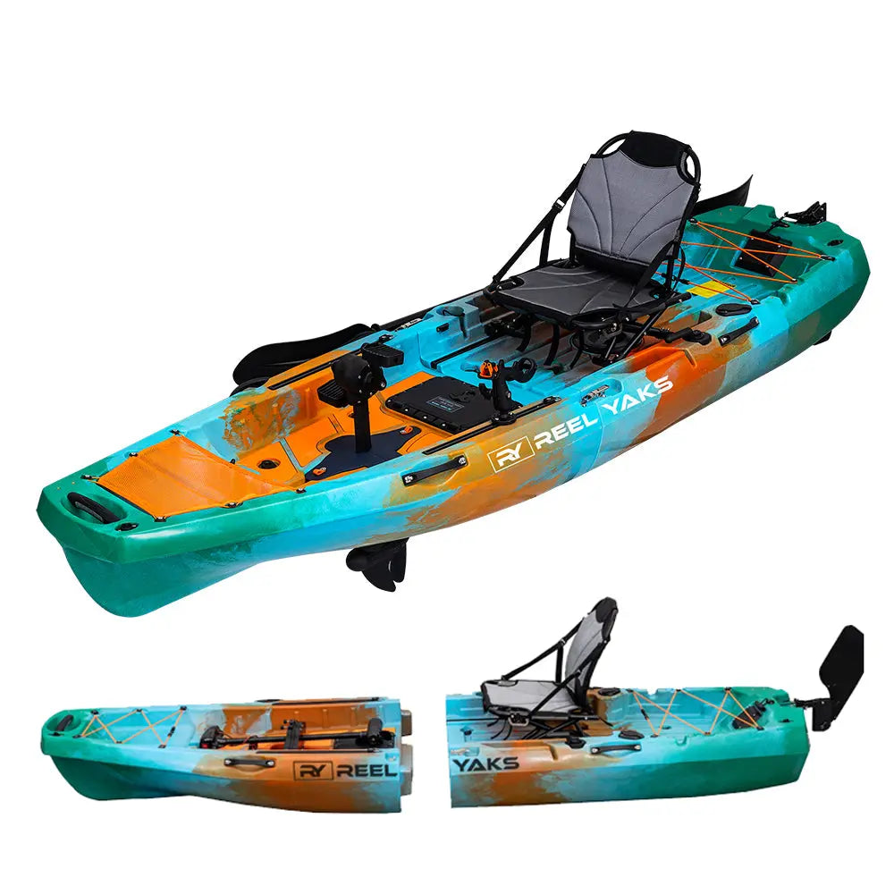 ReelYaks Radar 10ft propeller drive modular fishing kayak with adjustable seating and sleek design on water.
