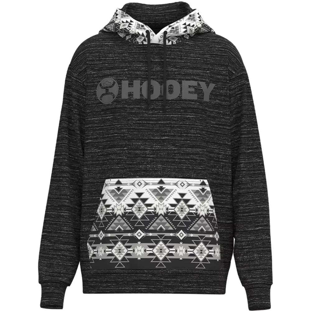 Men's HOOey Lock-Up Hoodie in black, grey, and white Aztec pattern with front pocket, stylish and comfortable apparel.