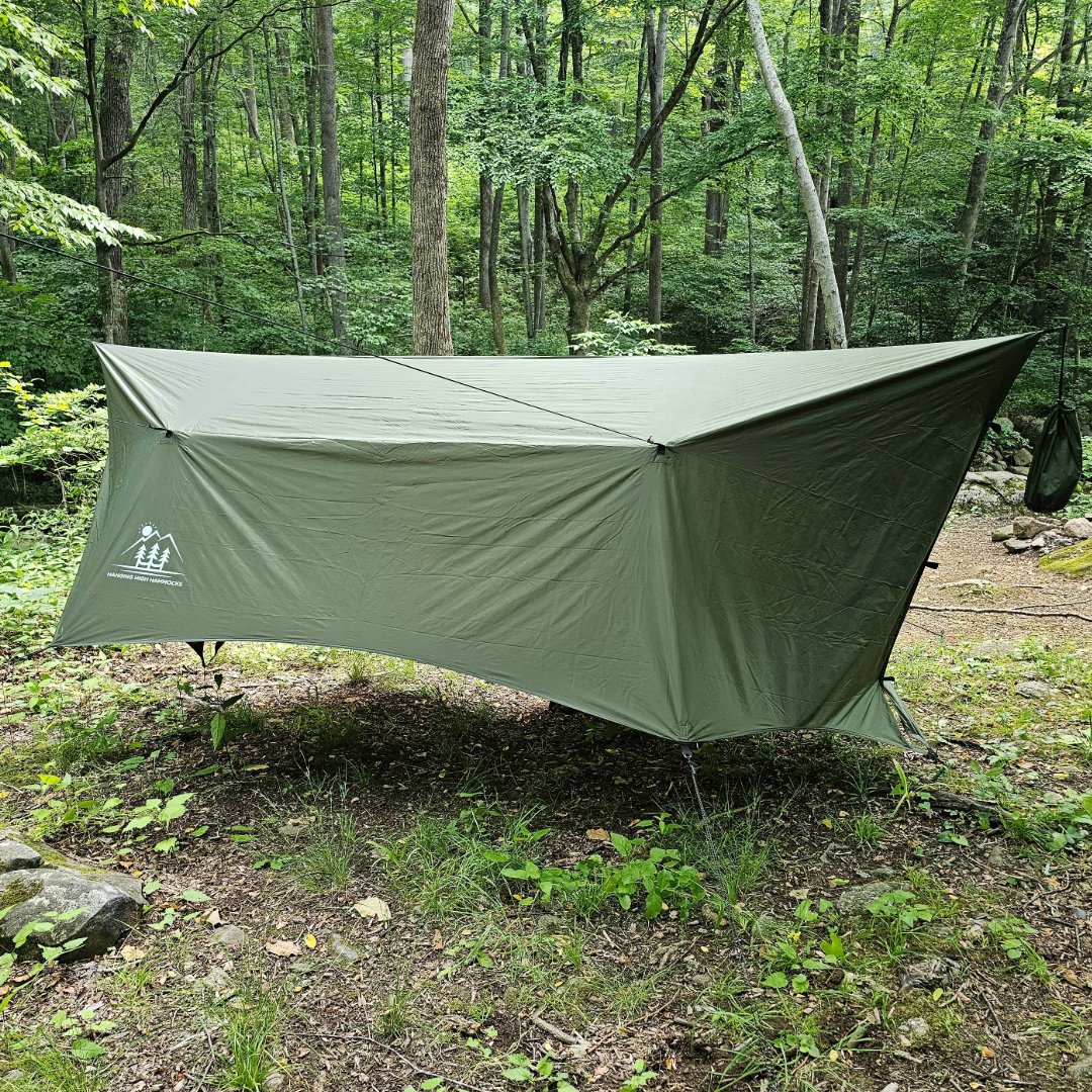Hanging High Hammocks Hideaway Tarp for hammock camping, 12-foot rain tarp, waterproof outdoor hammock accessory.