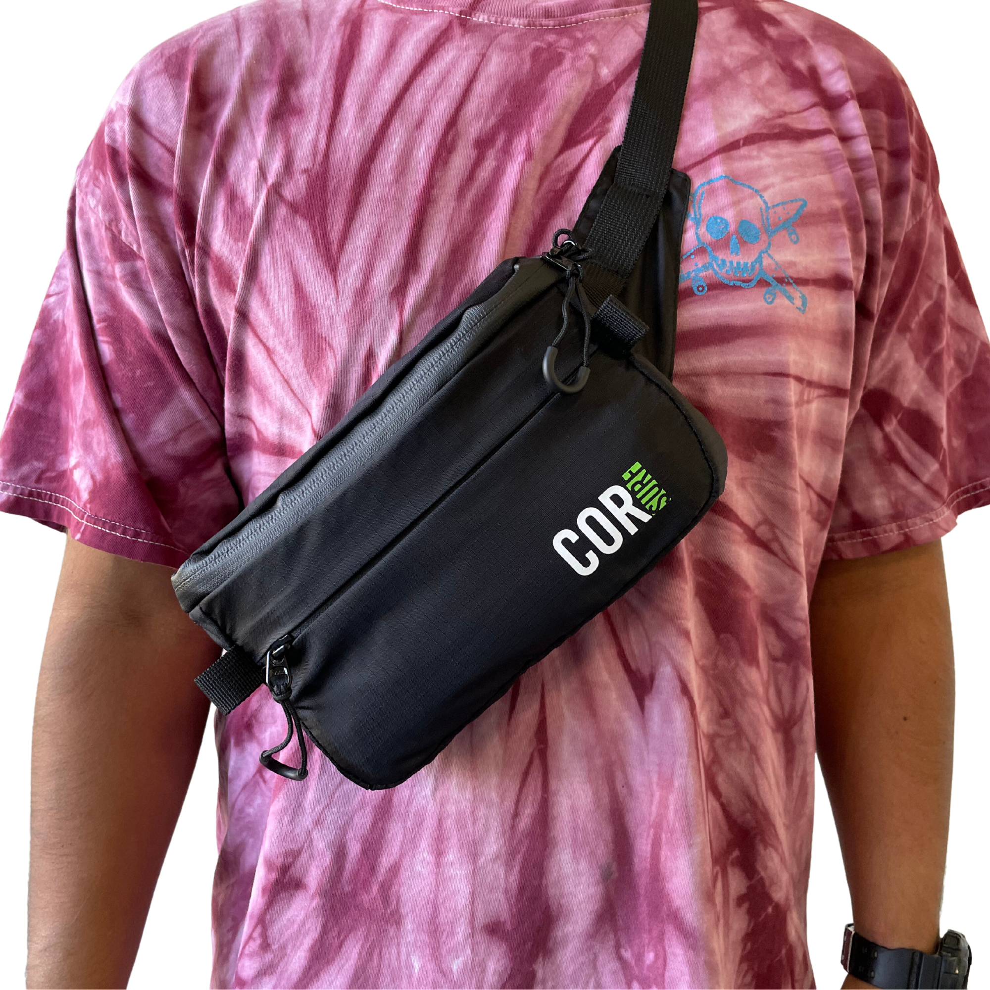 Black COR Surf Daily Cross-Body hip pack, weather-resistant waist bag with 1L capacity, compact and practical for everyday use.