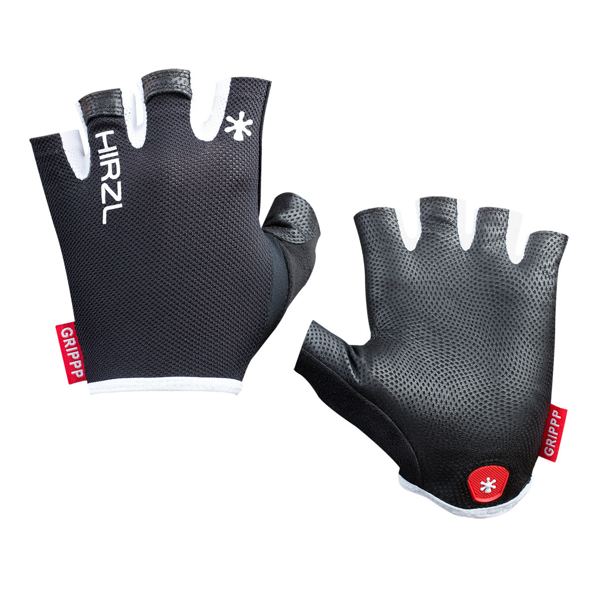 Black ZEITBIKE HIRZL Grippp Light SF bike gloves with white detailing, showing the back and palm sides.