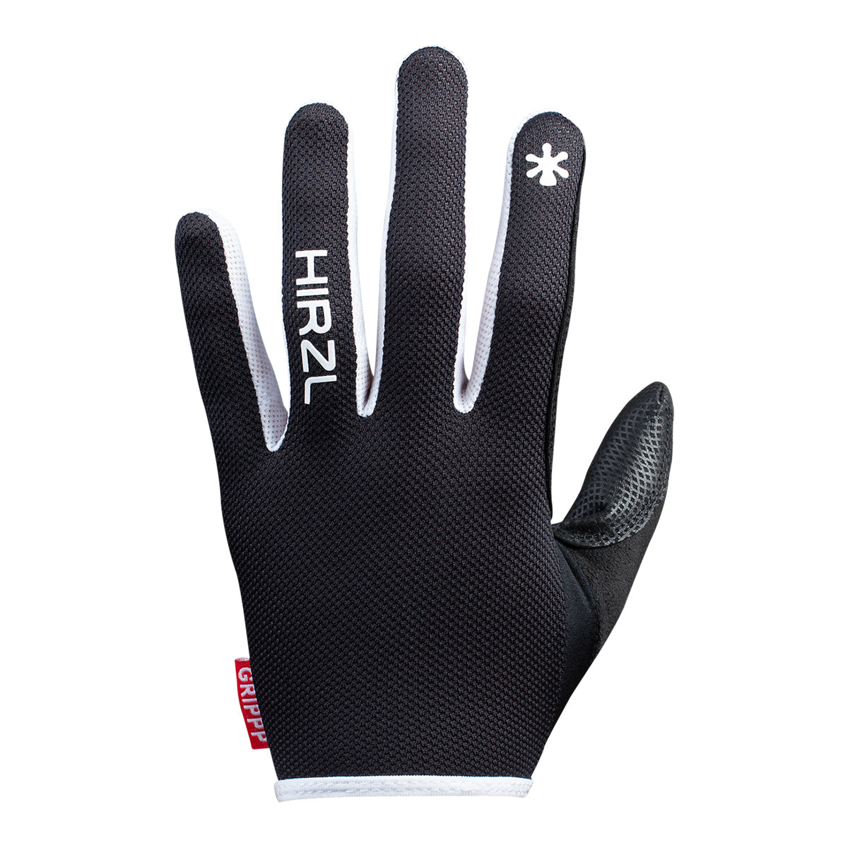 Black ZEITBIKE HIRZL GripPP Light FF bike gloves with white accents, shown from the back, highlighting the glove design and material.