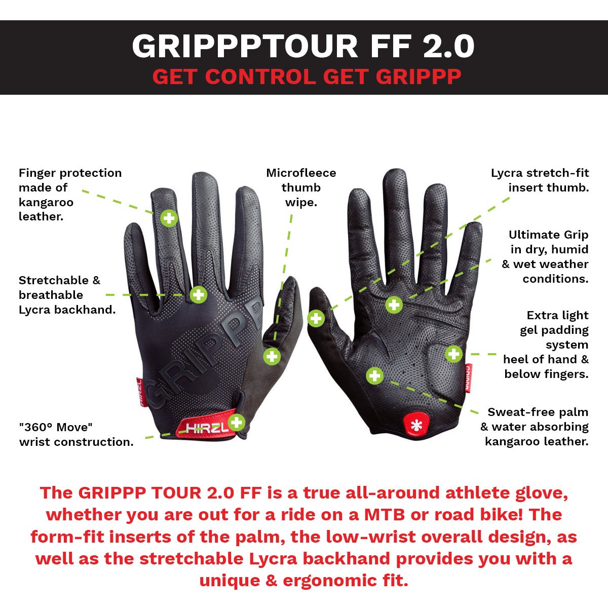 ZEITBIKE HIRZL Tour FF 2.0 leather bike gloves with reinforced grip and ergonomic design for comfortable cycling.