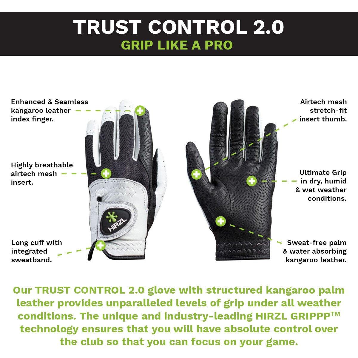White and black HIRZL Trust Control 2.0 golf gloves by ZEITBIKE, showing the textured leather palm and sleek design.