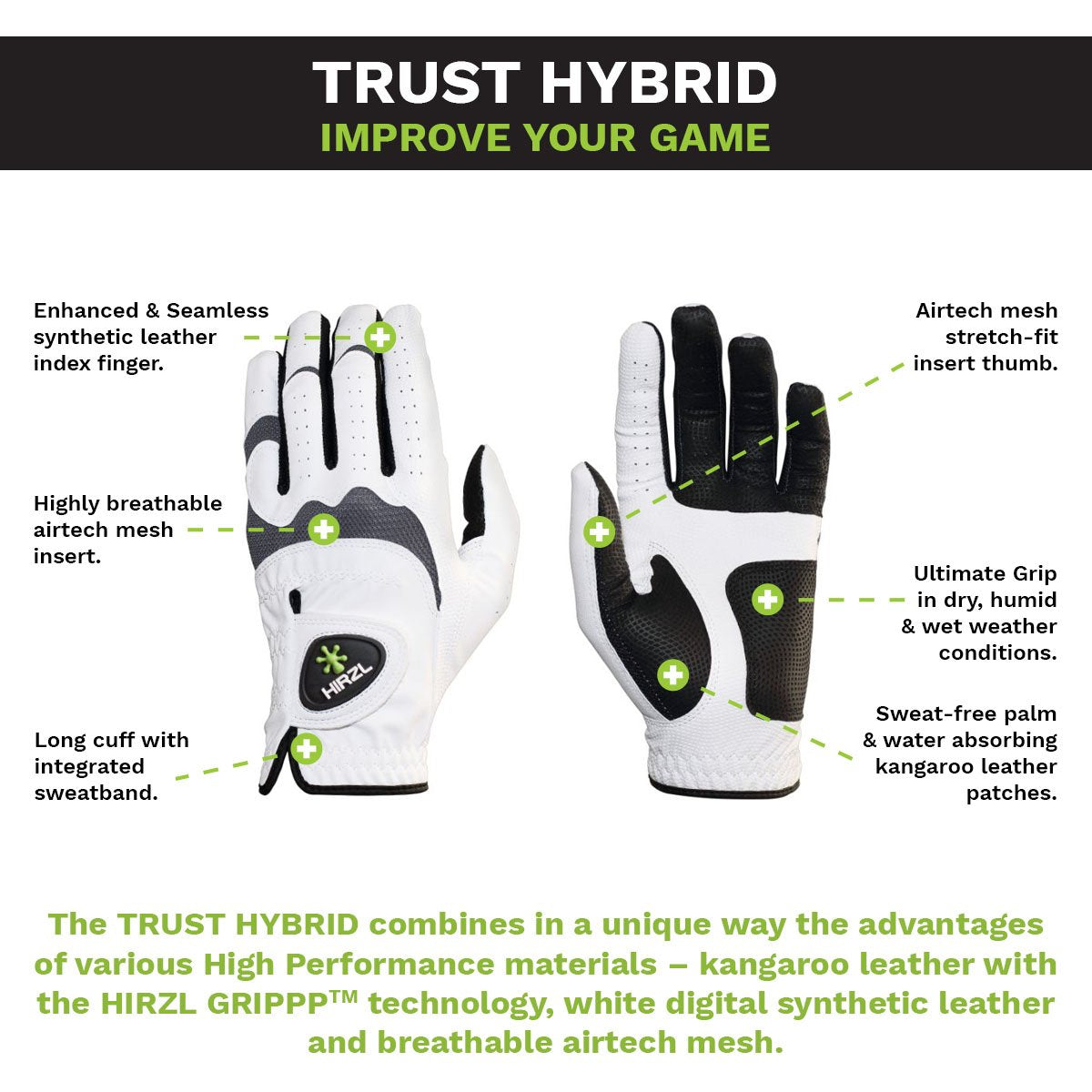 White and black HIRZL Trust Hybrid golf gloves from ZEITBIKE, showing the textured leather and flexible design for improved grip.