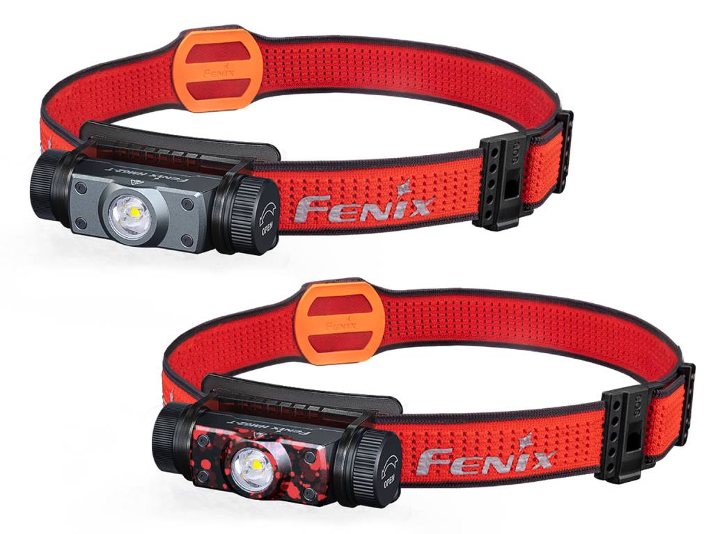 Fenix HM62-T lightweight headlamp in various colors for trail running, showcasing adjustable strap and bright LED light.