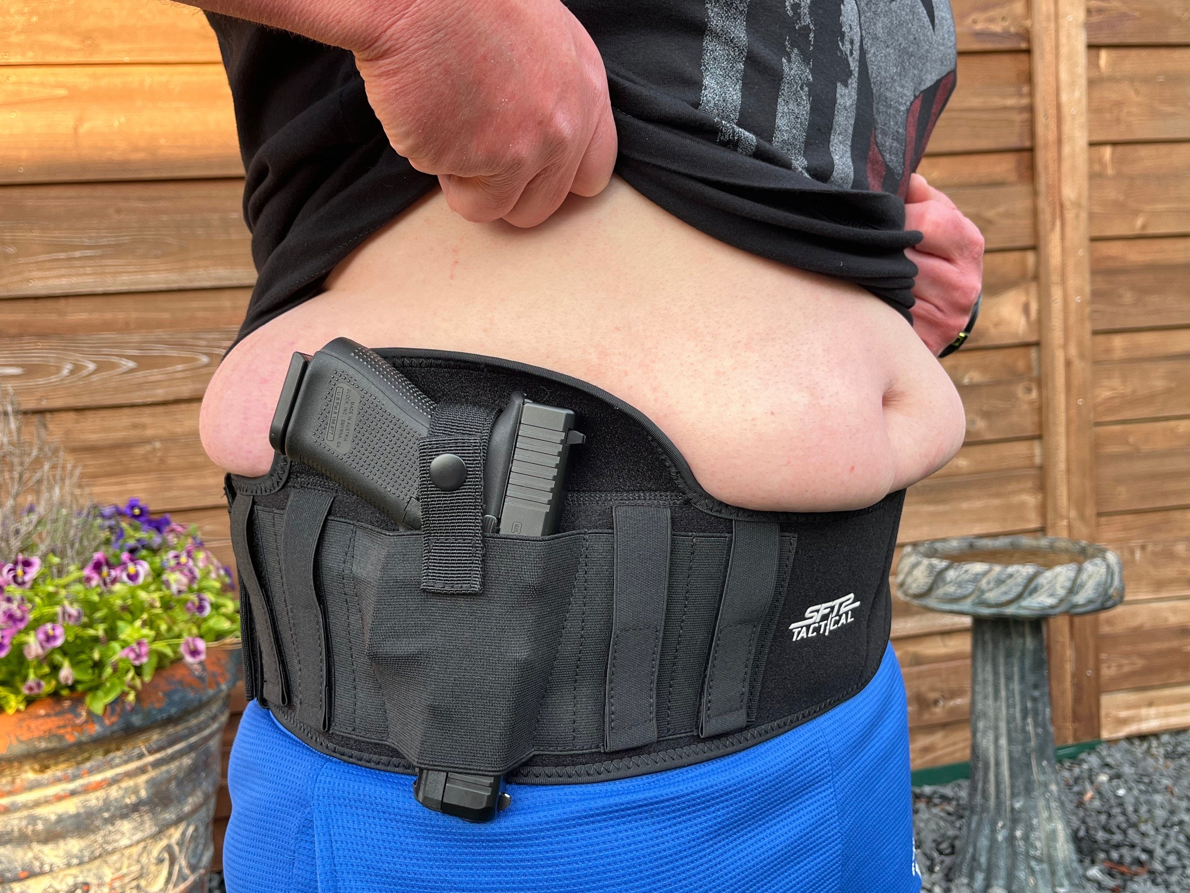 SFT2 Tactical Shadow-X Ultra Comfort Belly Band Holster displayed with adjustable straps and secure firearm fit.