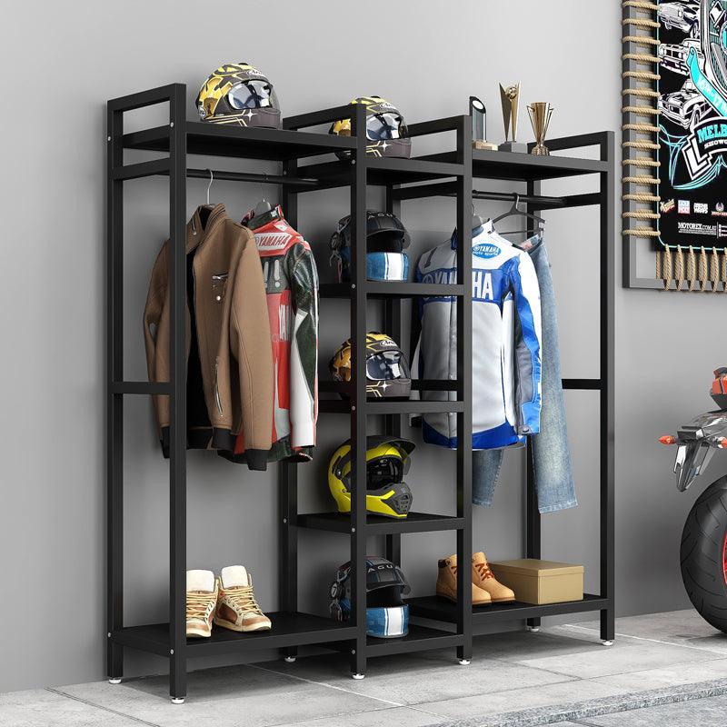 HSQ™ motorcycle gear storage and display rack by Bean's Moto Booth, with hooks for helmets, jackets, and gear organization.