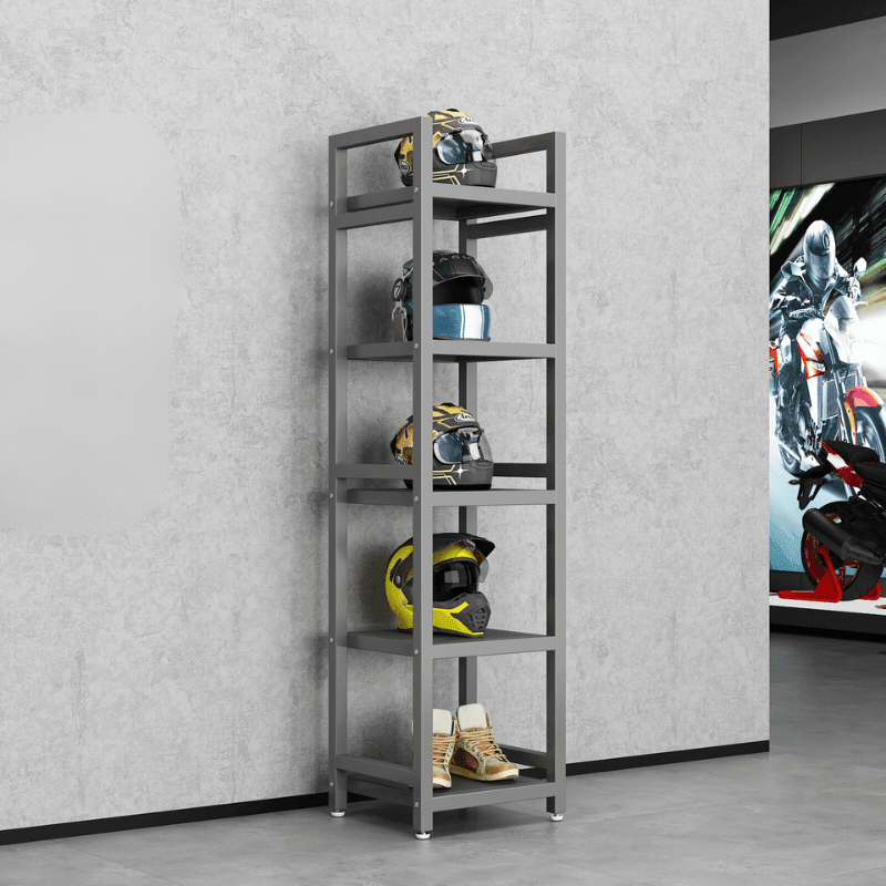 HSQ™ motorcycle gear storage rack by Bean's Moto Booth, designed for organizing and displaying motorcycle gear.