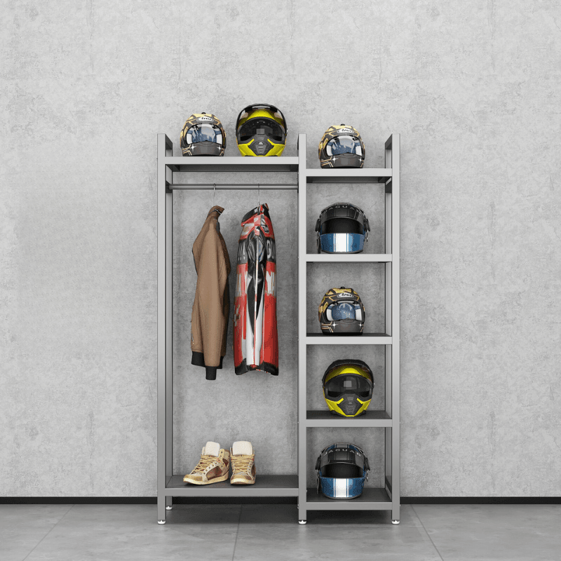 Bean's Moto Booth HSQ™ motorcycle gear storage and display rack with hooks for organizing motorcycle apparel and accessories.