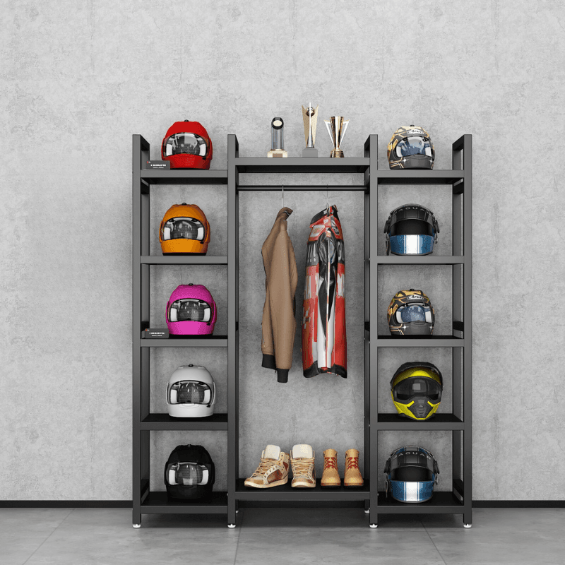 HSQ™ Motorcycle gear storage and display rack by Bean's Moto Booth, designed for organizing and showcasing motorcycle gear.