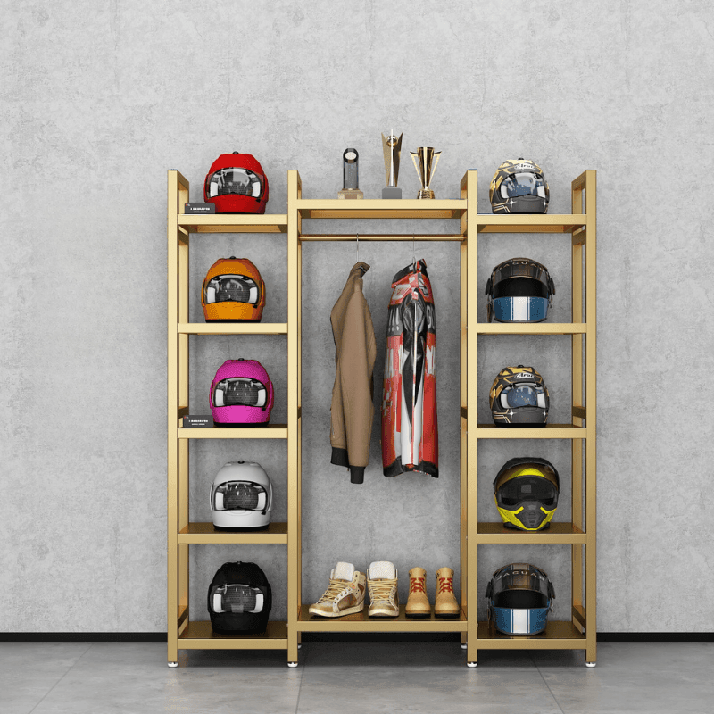 HSQ™ motorcycle gear storage rack by Bean's Moto Booth, mounted on a wall with hooks for helmets and gear display.