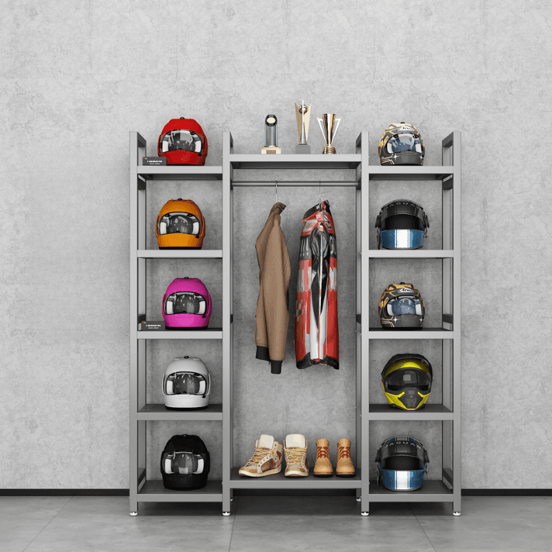 HSQ™ Motorcycle gear storage and display rack by Bean's Moto Booth, featuring a sturdy black metal design with hooks for gear.