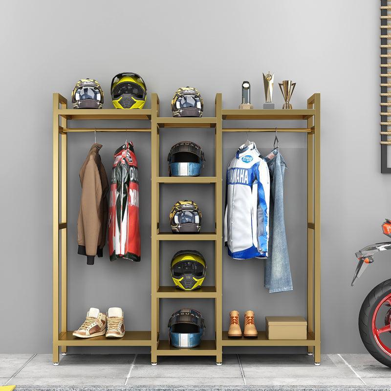 Bean's Moto Booth HSQ™ motorcycle gear storage and display rack with multiple hooks for helmets, jackets, and accessories.