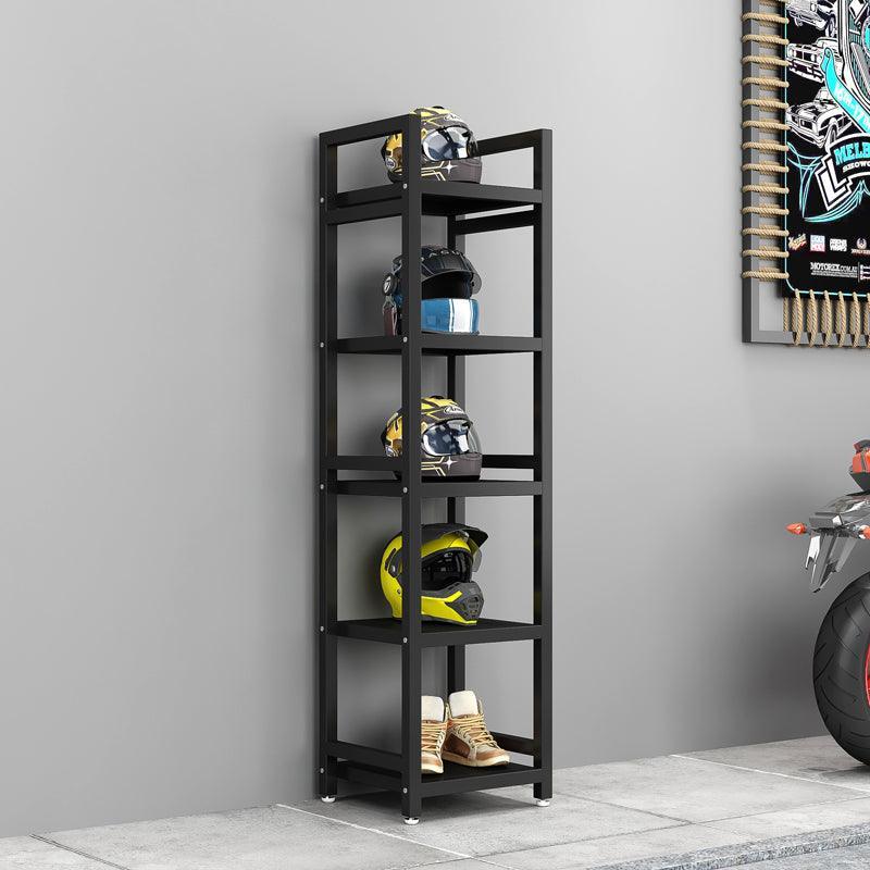 HSQ™ motorcycle gear storage and display rack by Bean's Moto Booth, with hooks and compartments for gear organization.