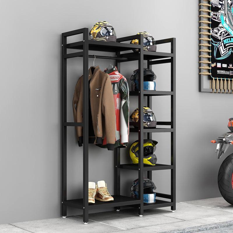 HSQ™ Motorcycle gear storage and display rack by Bean's Moto Booth, featuring sturdy metal construction and multiple hooks for gear.