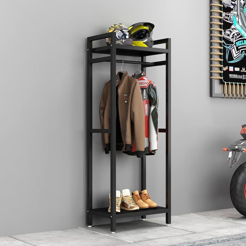 HSQ™ Motorcycle gear storage and display rack by Bean's Moto Booth, sturdy black metal rack for helmets and gear organization.