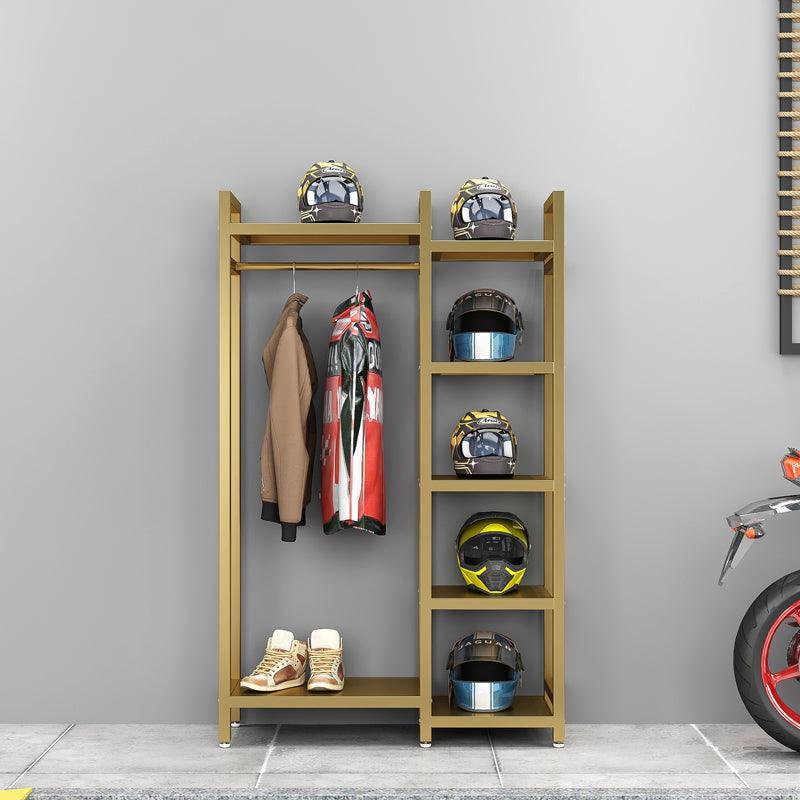 HSQ™ Motorcycle gear storage and display rack by Bean's Moto Booth, with hooks and shelves for gear organization.