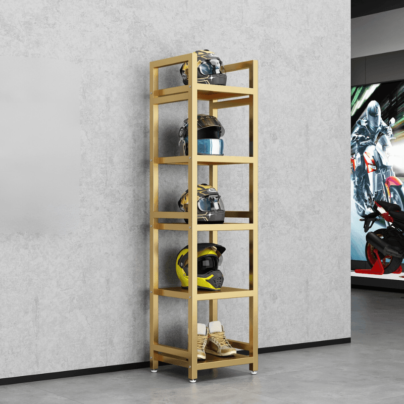 HSQ™ Motorcycle gear storage and display rack by Bean's Moto Booth, shown holding helmets and gear on a sturdy metal rack.