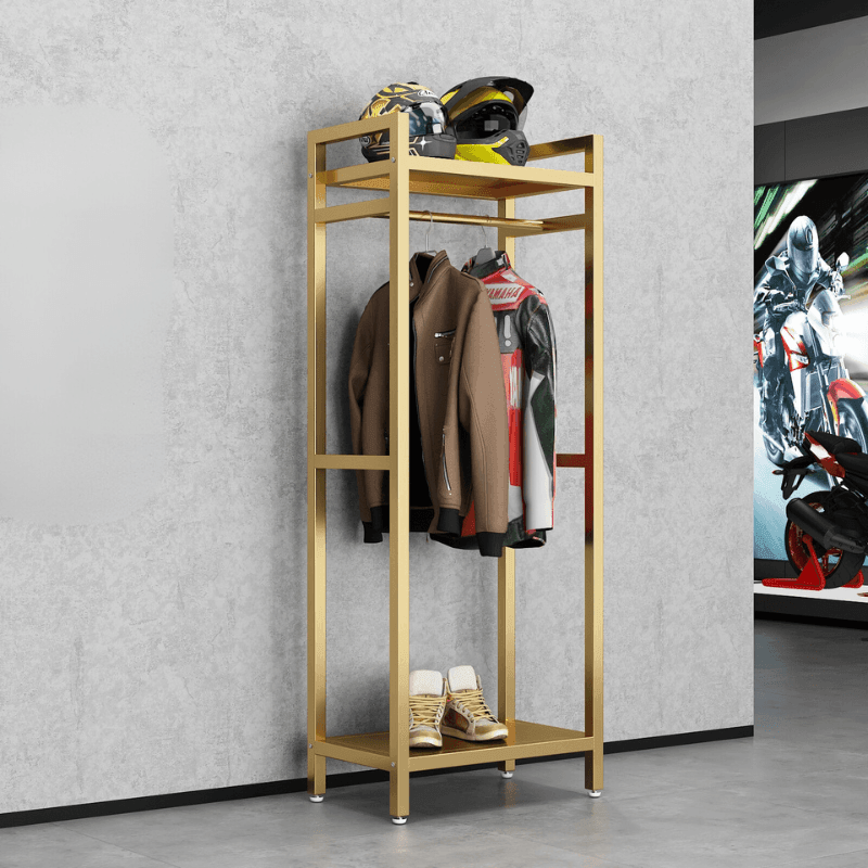 HSQ™ motorcycle gear storage and display rack by Bean's Moto Booth, shown holding helmets and gear for easy organization.