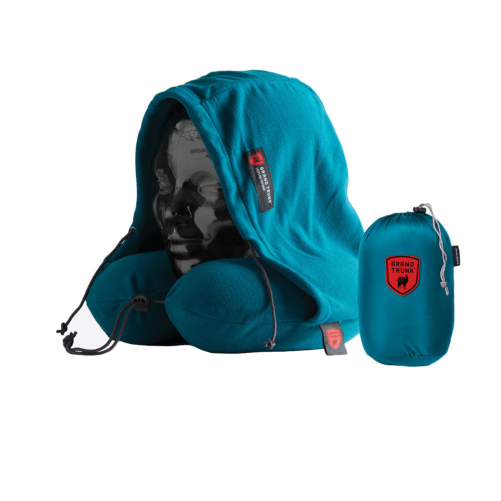 GrandTrunk hooded travel neck pillow in peacock design, providing support and comfort for travel and relaxation.