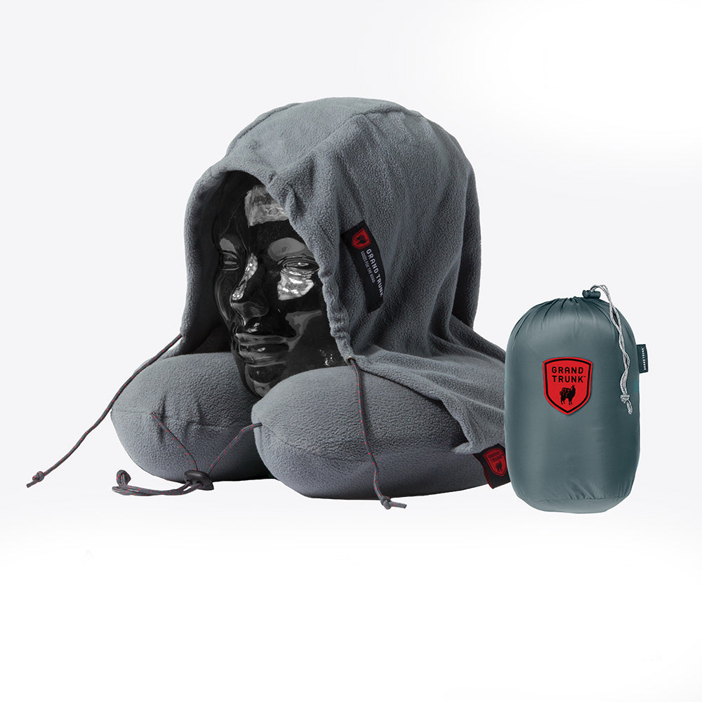 GrandTrunk hooded travel neck pillow in slate color, designed for comfort and support during travel.