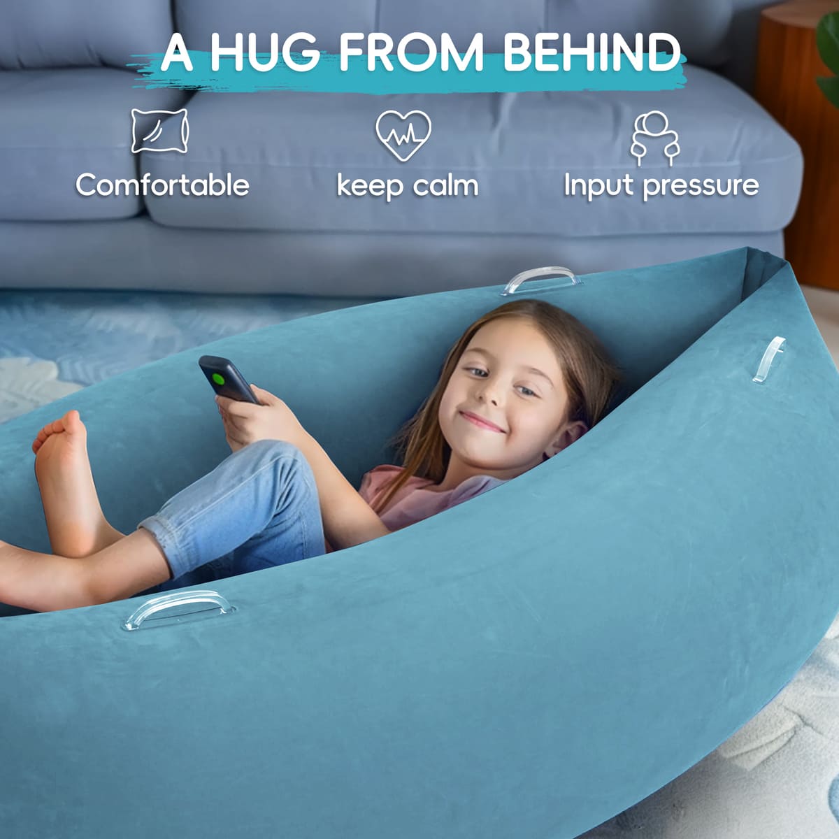 Outree sensory chair for kids, inflatable pea pod hug boat designed for calming and therapy, with soft, colorful fabric.