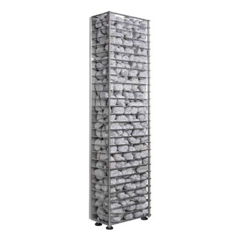 Huum Cliff Mini 4 3.5KW electric sauna heater with digital controller and sauna stones, front-right view.