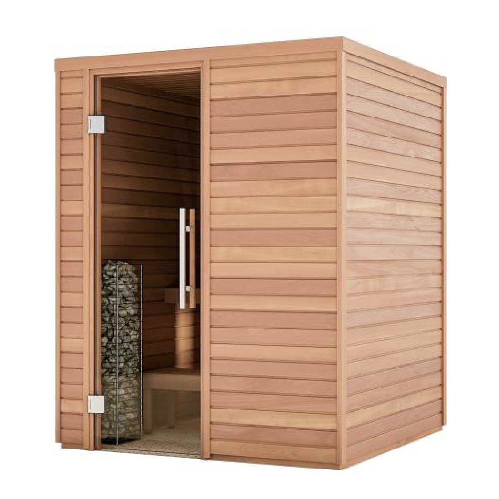 Huum Cliff Mini 4 3.5KW electric sauna heater with digital controller and sauna stones, designed for compact sauna rooms.