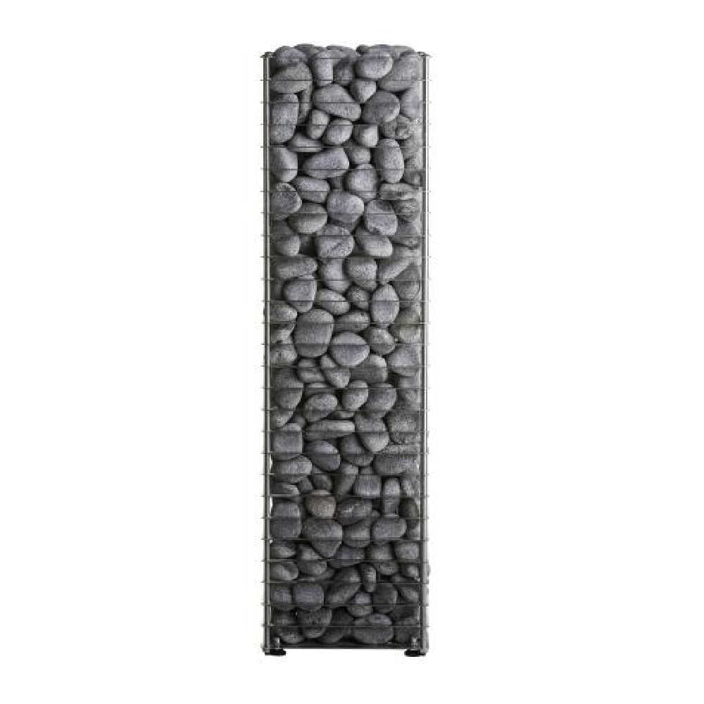 Huum Cliff Slim electric stainless steel sauna heater with digital controller and sauna stones, front view.